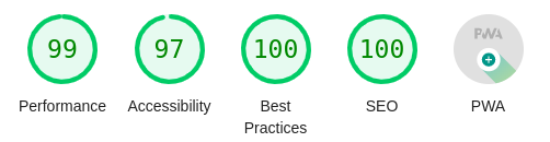 A screenshot of FTCScout's lighthouse scores showing 99% for Performance, 97% for Accessibility, 100% for Best Practices, and 100% for SEO.